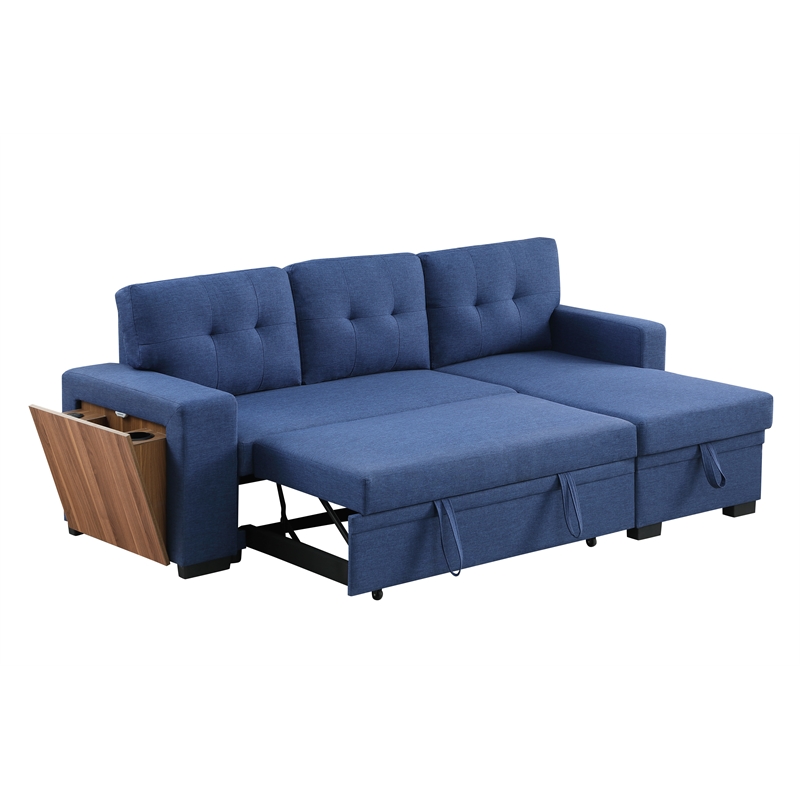 Pemberly Row Fabric Reversible Side Compartment Sleeper Sectional Sofa Bed-Blue