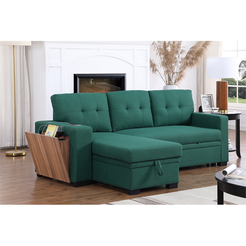 Pemberly Row Fabric Reversible Side Compartment Sleeper Sectional Sofa Bed-Green