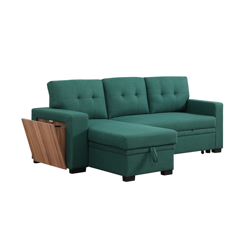 Pemberly Row Fabric Reversible Side Compartment Sleeper Sectional Sofa Bed-Green