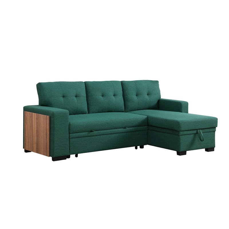 Pemberly Row Fabric Reversible Side Compartment Sleeper Sectional Sofa Bed-Green