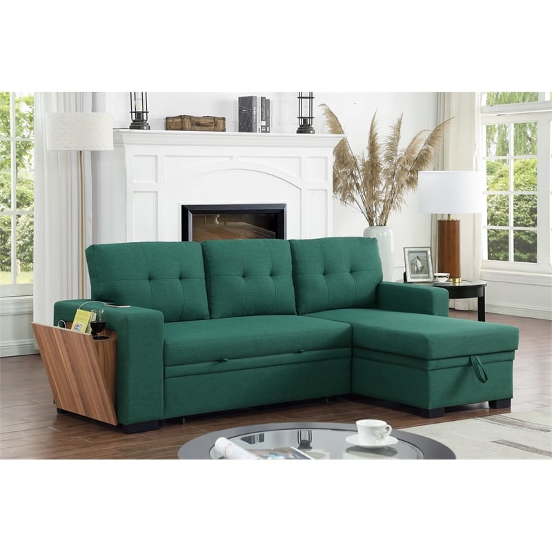 Pemberly Row Fabric Reversible Side Compartment Sleeper Sectional Sofa Bed-Green