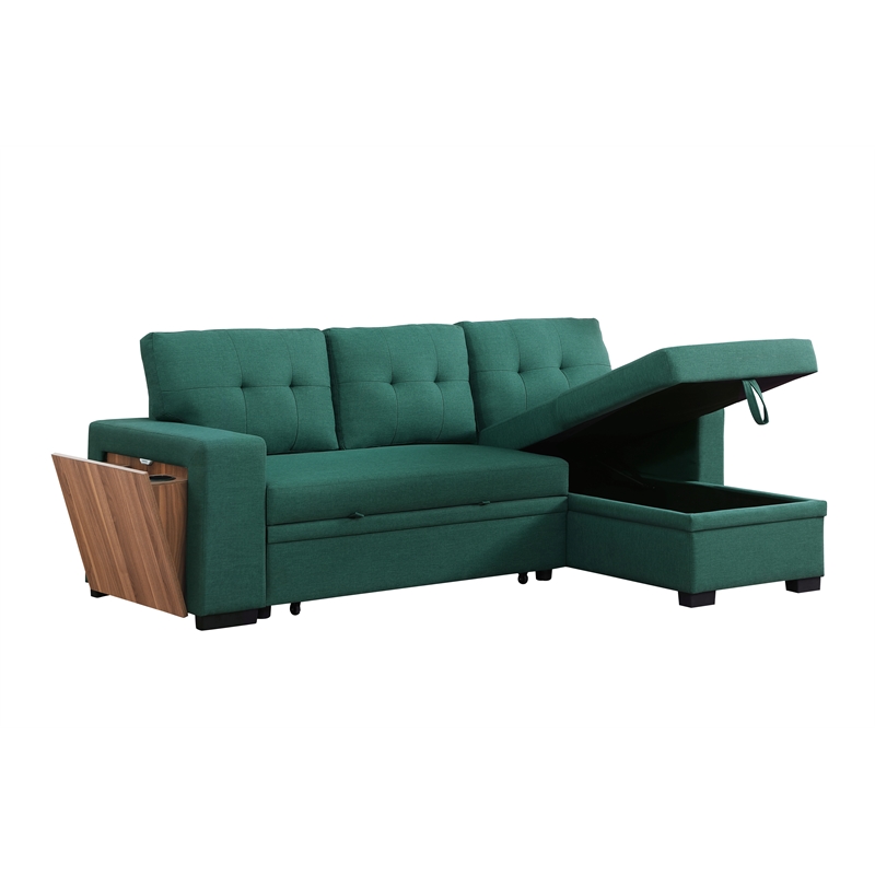 Pemberly Row Fabric Reversible Side Compartment Sleeper Sectional Sofa Bed-Green