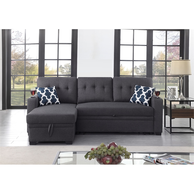 Pemberly Row Reversible Fabric Sleeper Sofa Bed & Chaise w/ Cup Holder-Dark Gray