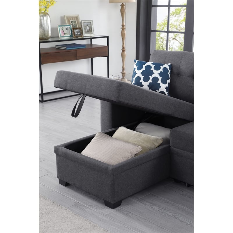 Pemberly Row Reversible Fabric Sleeper Sofa Bed & Chaise w/ Cup Holder-Dark Gray