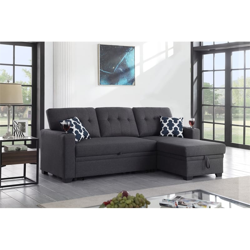 Pemberly Row Reversible Fabric Sleeper Sofa Bed & Chaise w/ Cup Holder-Dark Gray