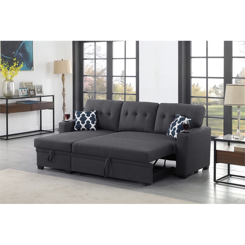Pemberly Row Reversible Fabric Sleeper Sofa Bed & Chaise w/ Cup Holder-Dark Gray