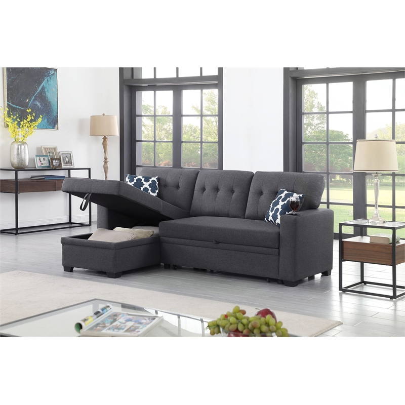 Pemberly Row Reversible Fabric Sleeper Sofa Bed & Chaise w/ Cup Holder-Dark Gray