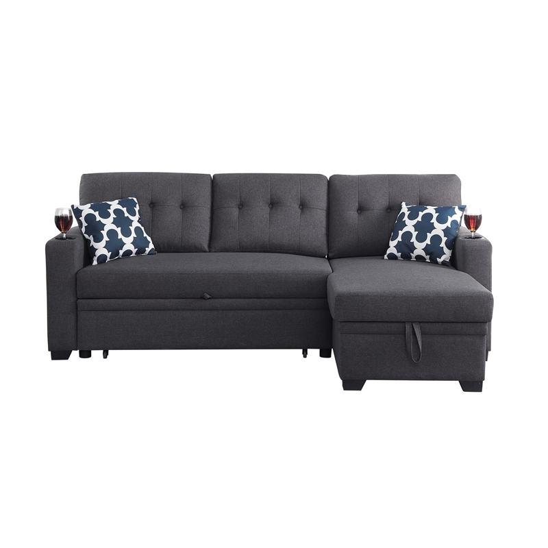 Pemberly Row Reversible Fabric Sleeper Sofa Bed & Chaise w/ Cup Holder-Dark Gray