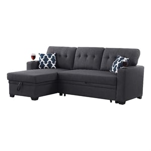 Pemberly Row Reversible Fabric Sleeper Sofa Bed & Chaise w/ Cup Holder-Dark Gray