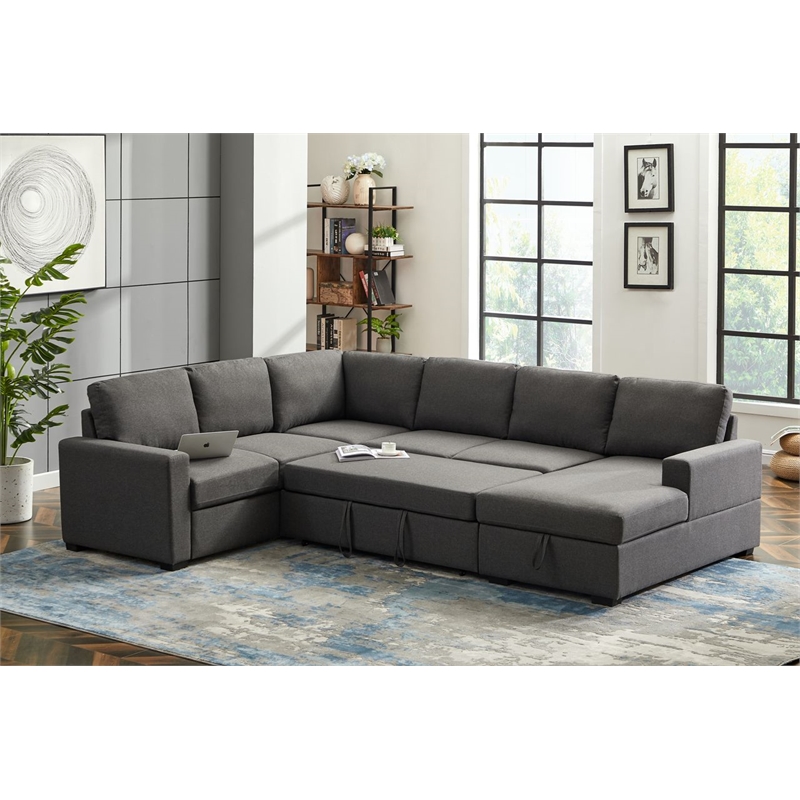 Pemberly Row Fabric Left Hand Facing Sectional Sleeper Sofa Bed & Couch - Gray