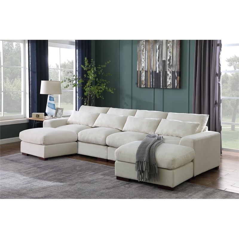 Pemberly Row Fabric Modular Sectional Sofa & Chaise w/2 Ottomans in Beige