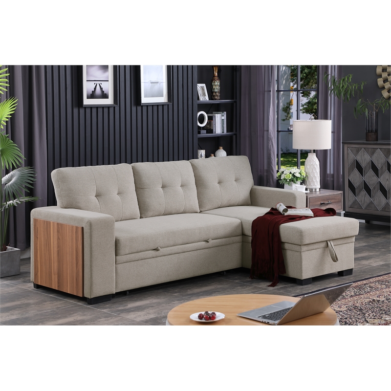 Pemberly Row Fabric Reversible Side Compartment Sectional Sofa Bed - Light Gray