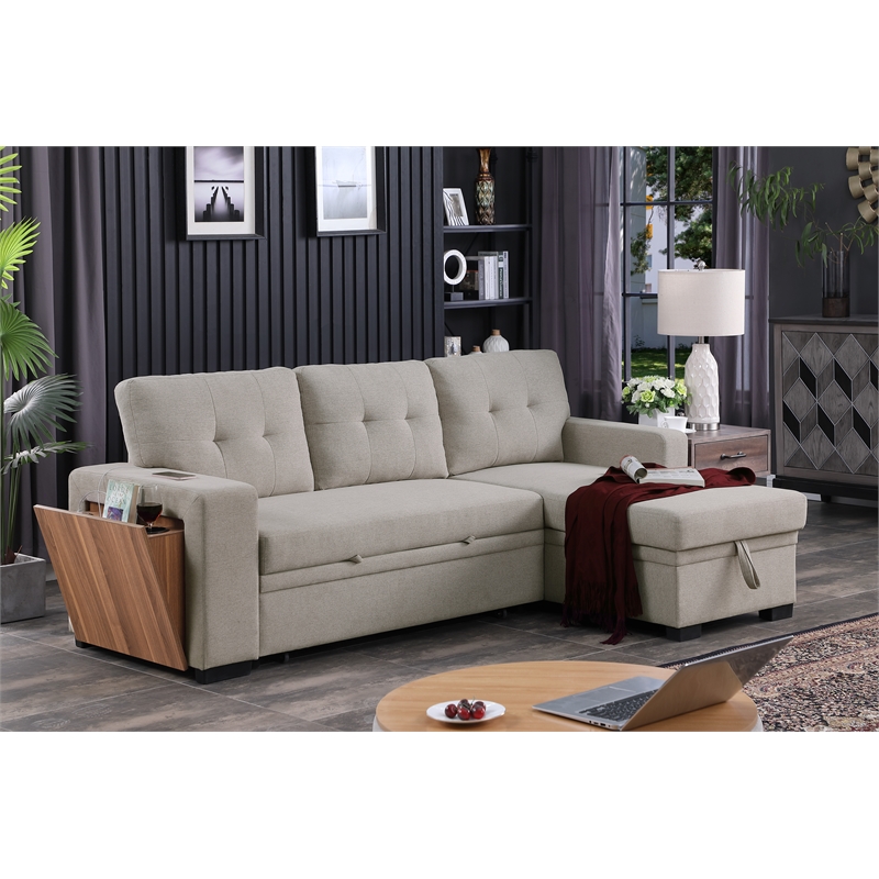 Pemberly Row Fabric Reversible Side Compartment Sectional Sofa Bed - Light Gray