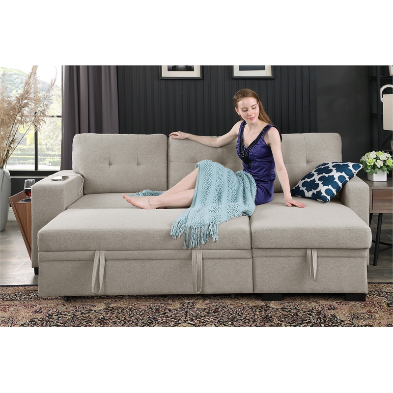 Pemberly Row Fabric Reversible Side Compartment Sectional Sofa Bed - Light Gray