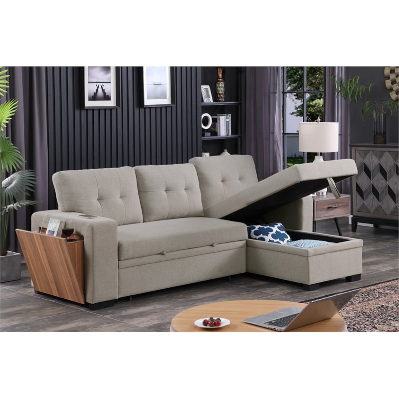 Pemberly Row Fabric Reversible Side Compartment Sectional Sofa Bed - Light Gray