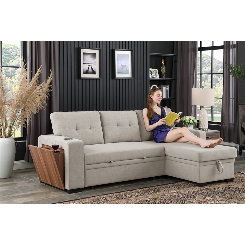 Pemberly Row Fabric Reversible Side Compartment Sectional Sofa Bed - Light Gray