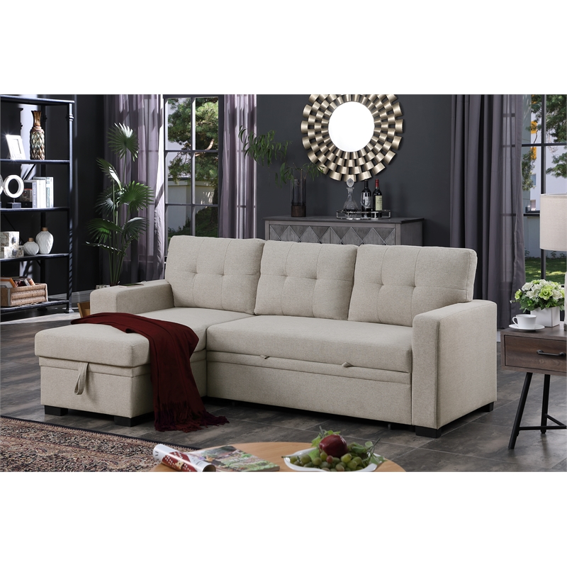 Pemberly Row Fabric Reversible Side Compartment Sectional Sofa Bed - Light Gray