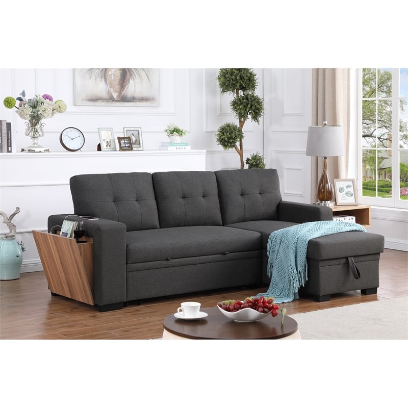 Pemberly Row Fabric Reversible Side Compartment Sectional Sofa Bed - Dark Gray