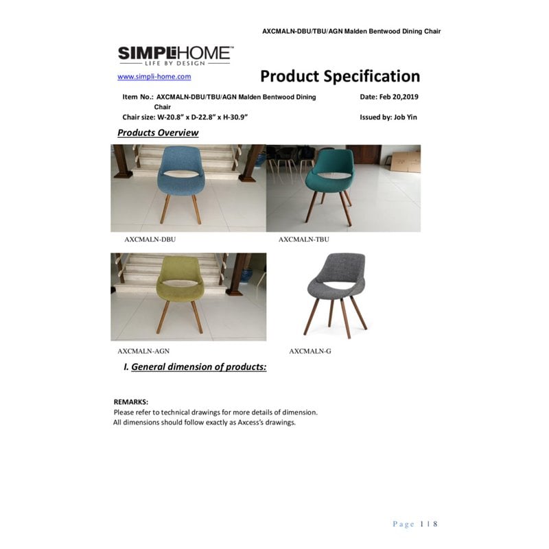 Pemberly Row Modern Solid Wood Dining Chair in Denim Blue Finish