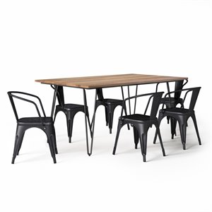 Pemberly Row 7 Piece Solid Mango Wood Dining Set in Black and Silver