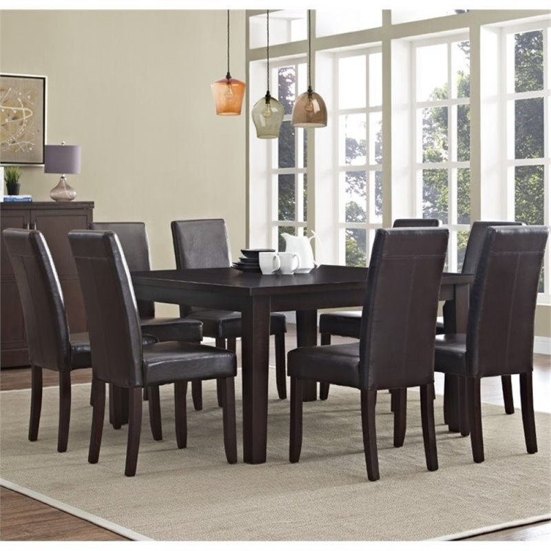 Pemberly Row 9 Pc Dining Set with 8 Chairs in Tanners Brown Faux Leather
