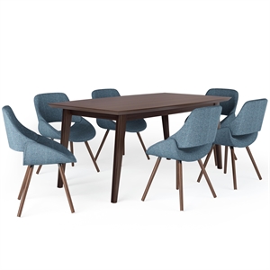 Pemberly Row 7-Piece Wood Dining Set with 6 Dining Chairs in Java Brown/Denim