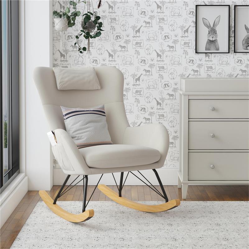 Pemberly Row Rocker Accent Chair with Storage Pockets in Beige