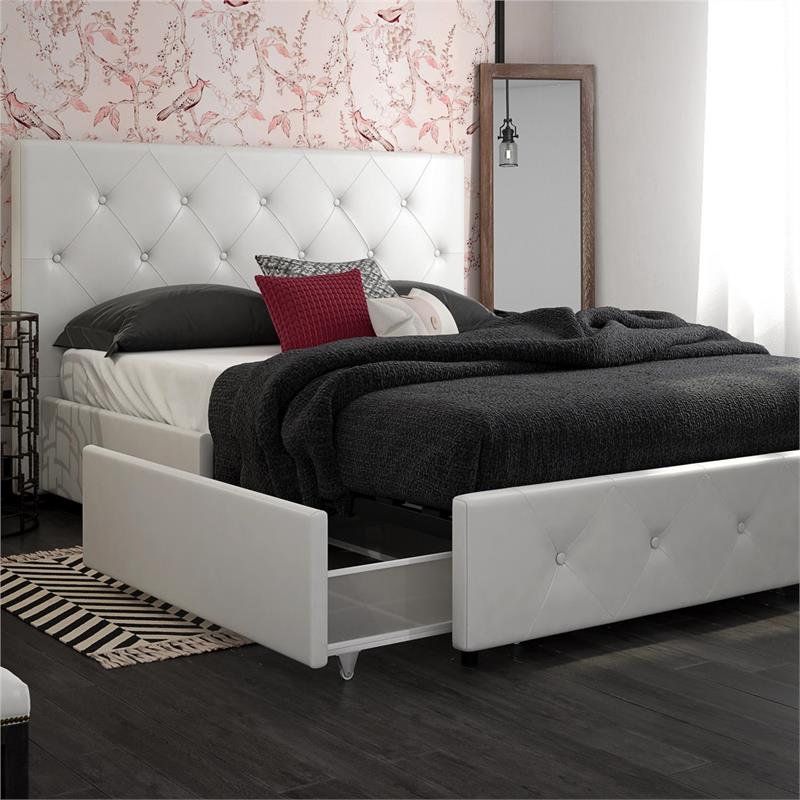 Pemberly Row White Faux Leather Upholstered Queen Bed with Storage