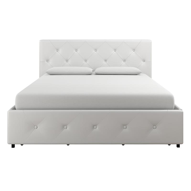 Pemberly Row White Faux Leather Upholstered Queen Bed with Storage