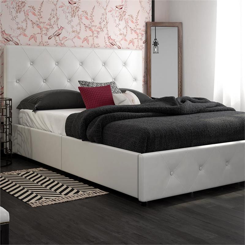 Pemberly Row White Faux Leather Upholstered Queen Bed with Storage