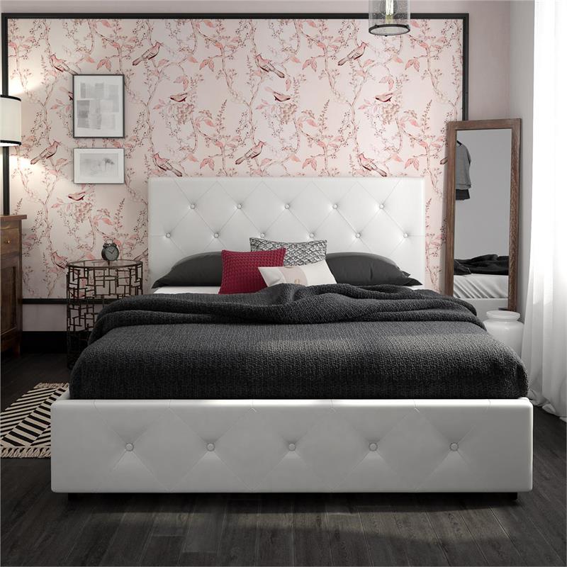 Pemberly Row White Faux Leather Upholstered Queen Bed with Storage