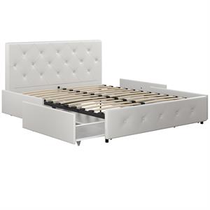 Pemberly Row White Faux Leather Upholstered Queen Bed with Storage