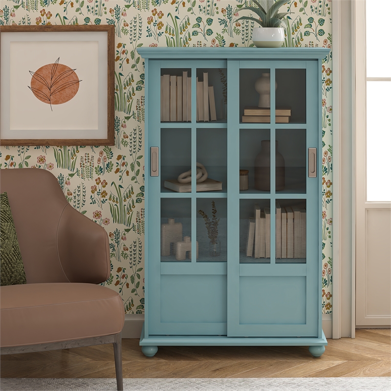 Pemberly Row Modern Bookcase with Sliding Glass Doors in Pale Blue