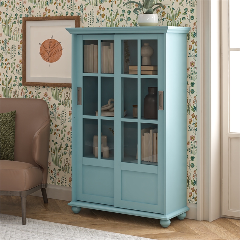 Pemberly Row Modern Bookcase with Sliding Glass Doors in Pale Blue