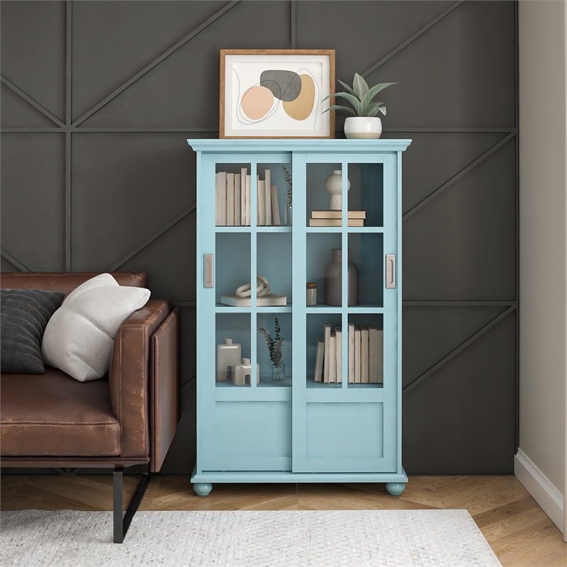 Pemberly Row Modern Bookcase with Sliding Glass Doors in Pale Blue