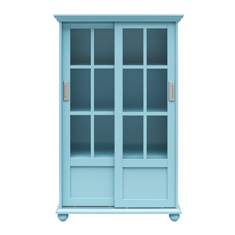 Pemberly Row Modern Bookcase with Sliding Glass Doors in Pale Blue