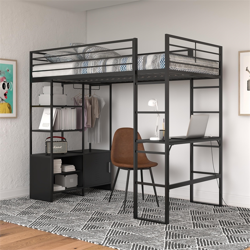Pemberly Row Modern Metal Storage Twin Loft Bed with Desk in Black