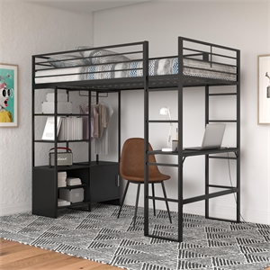 Pemberly Row Modern Metal Storage Twin Loft Bed with Desk in Black