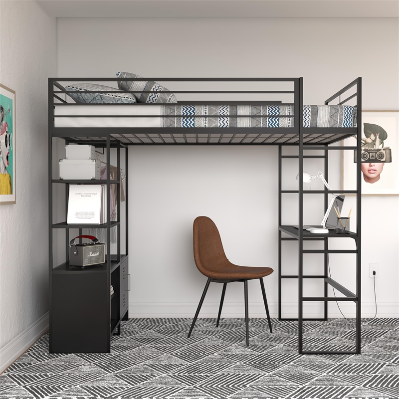 Pemberly Row Modern Metal Storage Twin Loft Bed with Desk in Black