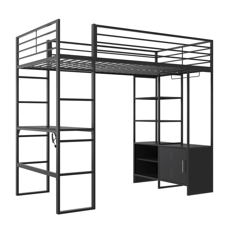 Pemberly Row Modern Metal Storage Twin Loft Bed with Desk in Black