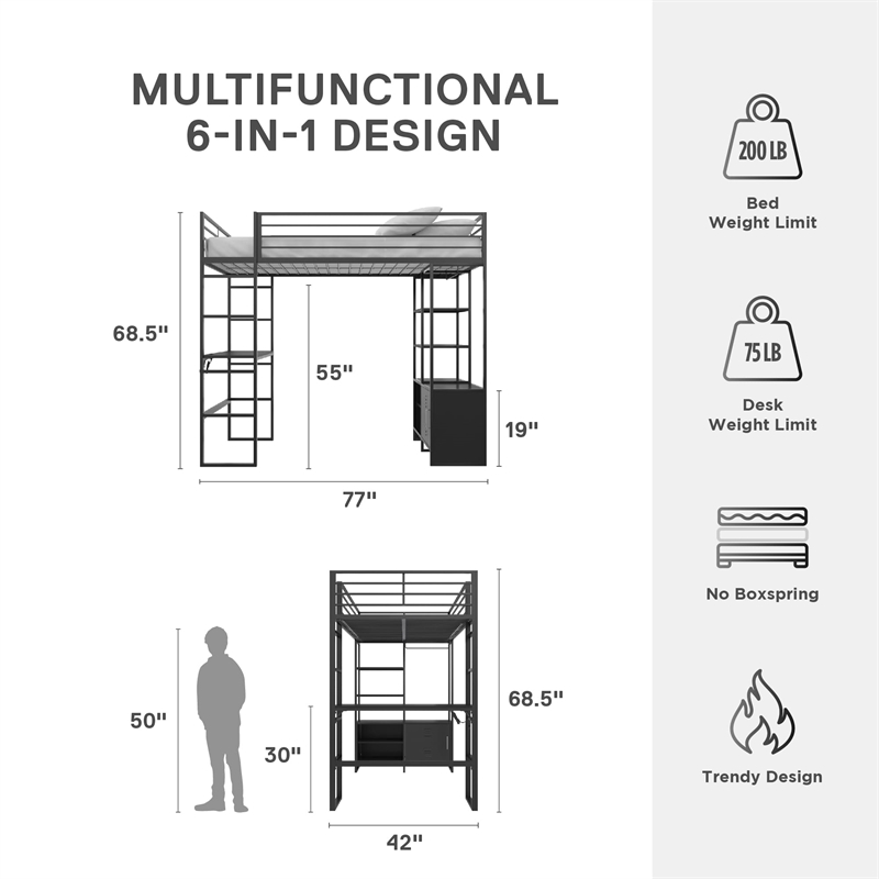 Pemberly Row Modern Metal Storage Twin Loft Bed with Desk in Black
