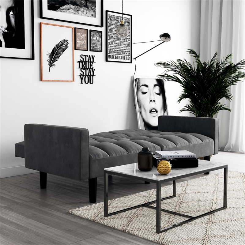 Pemberly Row Convertible Sofa Sleeper Futon in Gray Microfiber