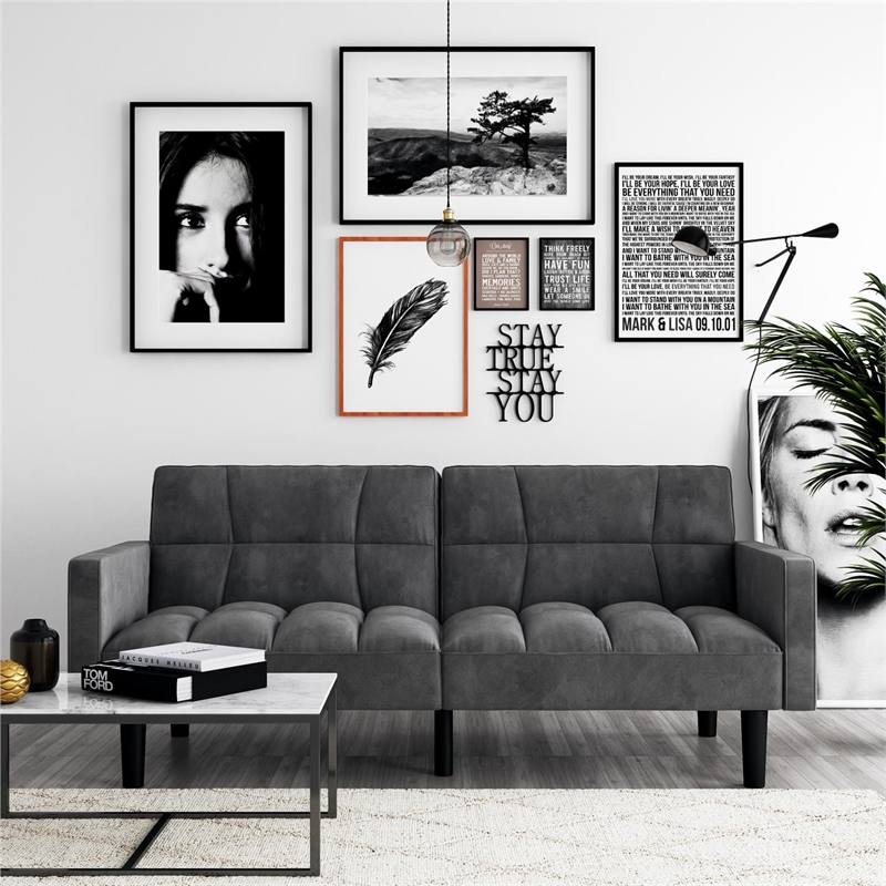 Pemberly Row Convertible Sofa Sleeper Futon in Gray Microfiber