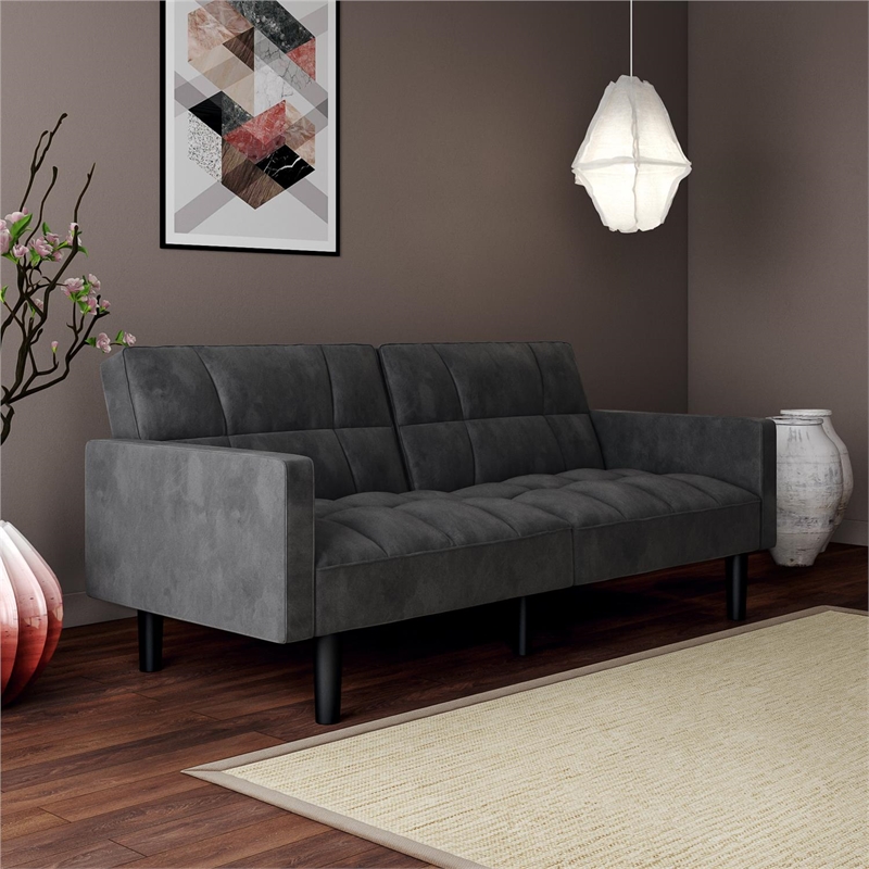 Pemberly Row Convertible Sofa Sleeper Futon in Gray Microfiber