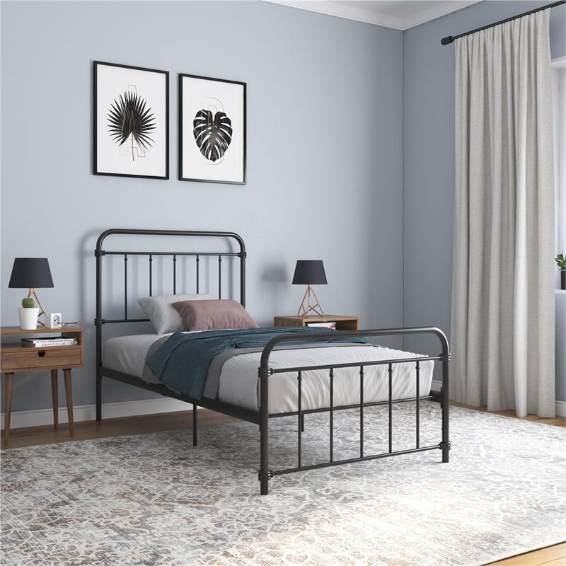 Pemberly Row Metal Platform Bed with Rustic Design and Curved Edge Twin in Black