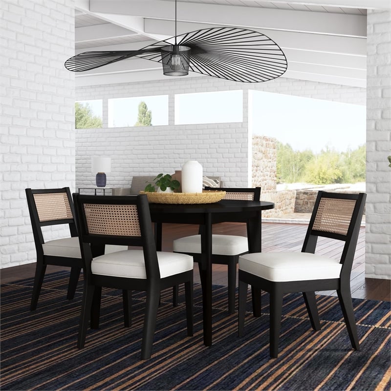 Pemberly Row Round Mid-Century Wood Dining Table in Black Finish