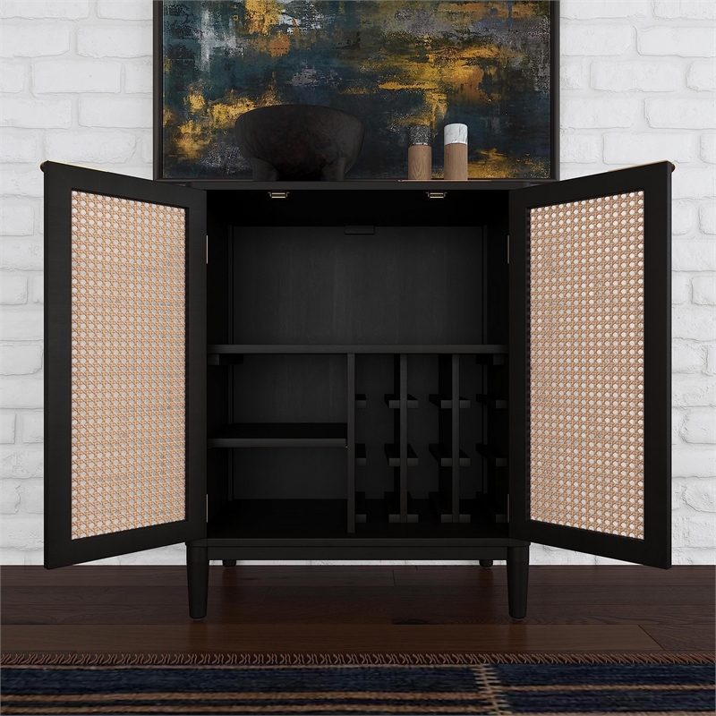 Pemberly Row Mid-Century Wood Bar Cabinet with 2 Shelves in Black