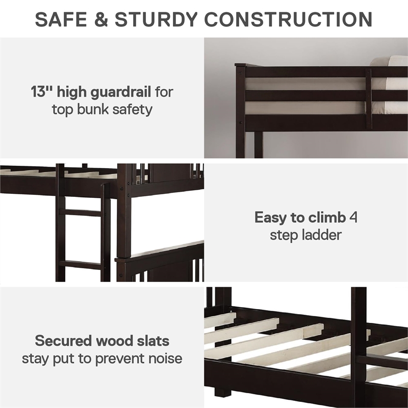 Pemberly Row Transitional Wood Twin Bunk Bed in Espresso Finish