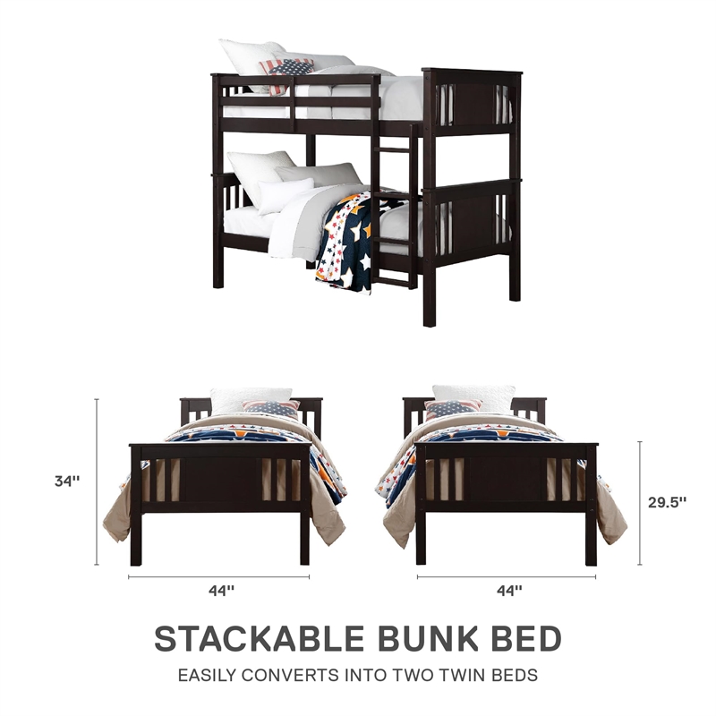 Pemberly Row Transitional Wood Twin Bunk Bed in Espresso Finish