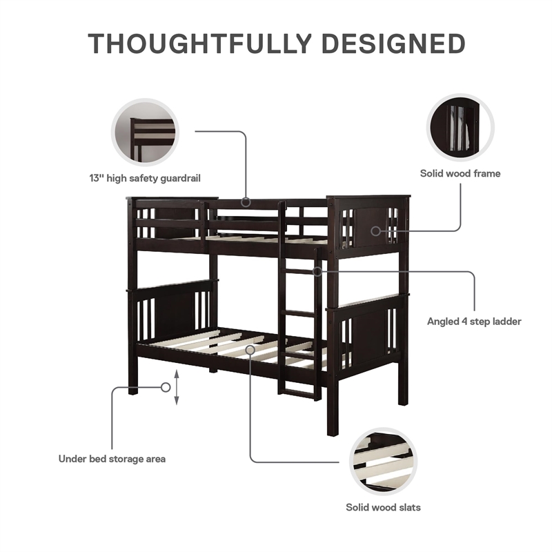 Pemberly Row Transitional Wood Twin Bunk Bed in Espresso Finish